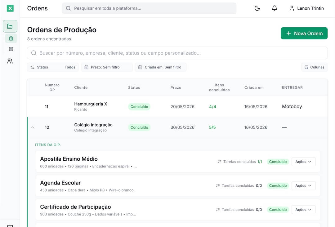Tela de ordens de produção